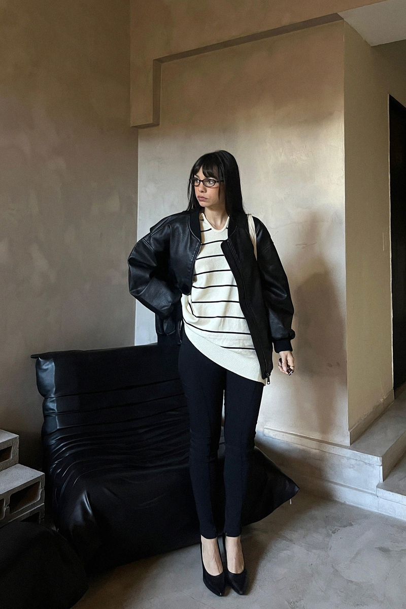 Sweater Largo Rayado Con Cuello